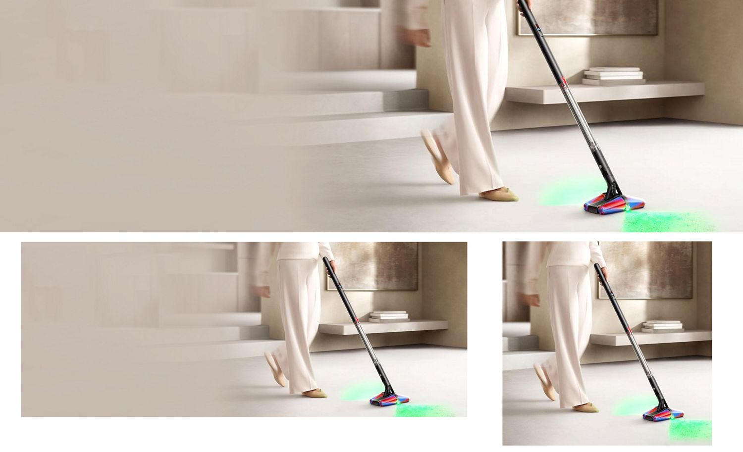 Dyson PencilVac Fluffyconesクリーナーで家を掃除する人。